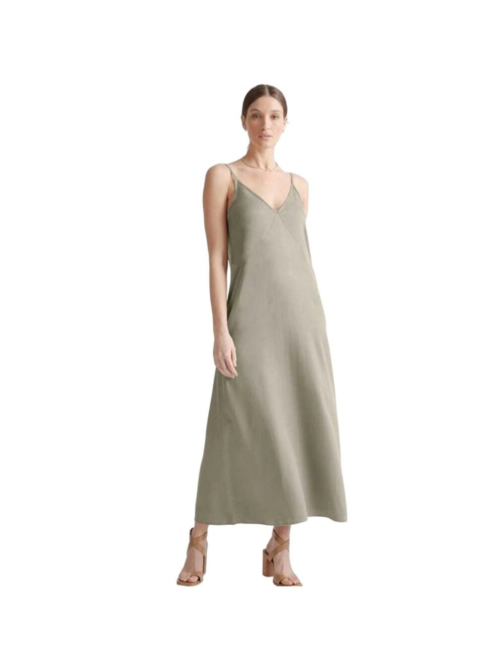 Quince Vintage Wash Tencel Maxi Slip Dress Sz Large in Olive NWT Read Defect